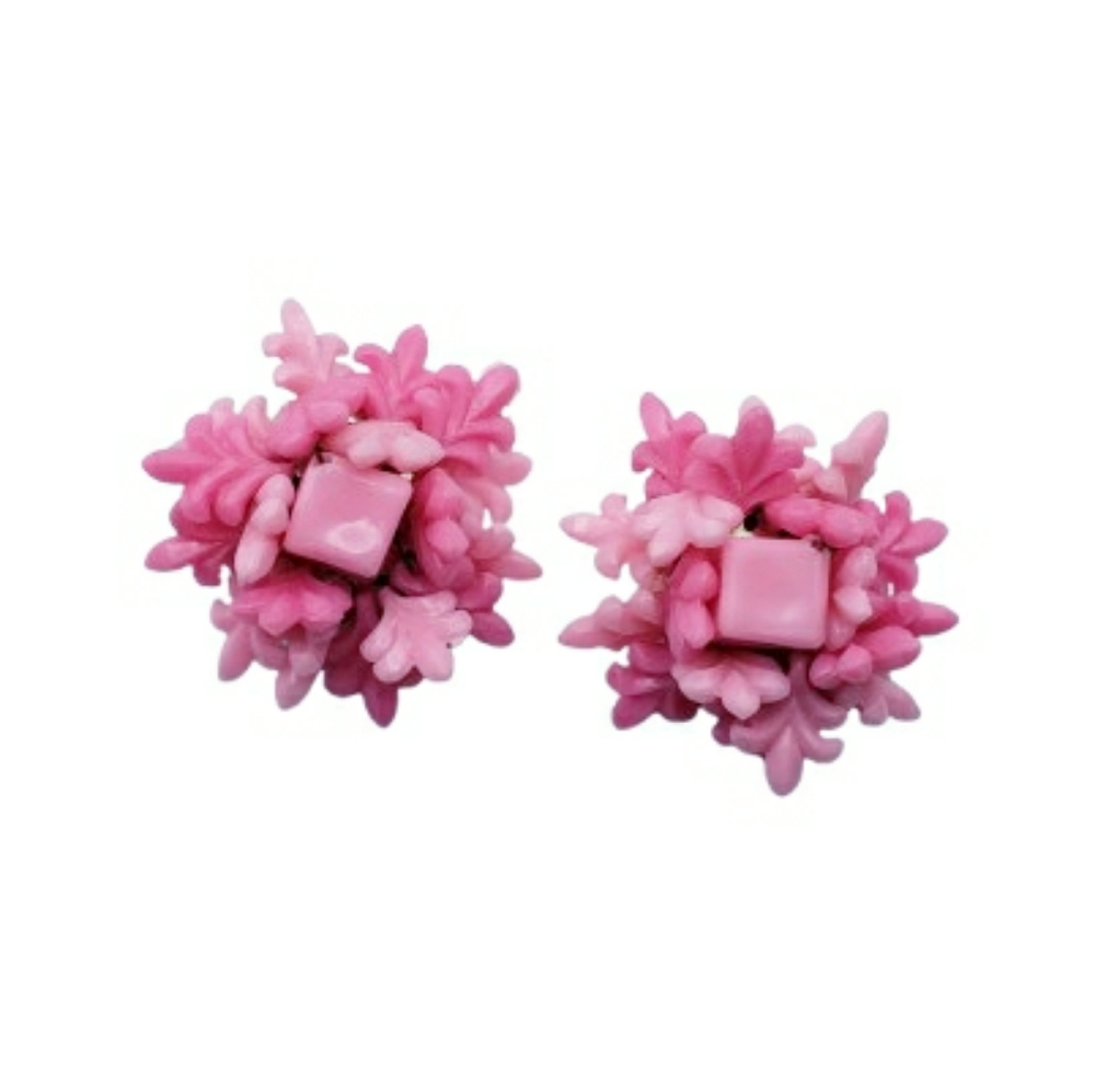 Hong Kong Pink Floral Beaded Clip-On Earrings
